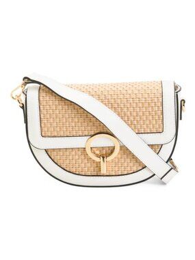 CHEVAL Made In Italy Leather Round Flap Straw Crossbody